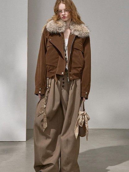 DIDDI MODA Khaki Fur Collar Pocket Cargo Women&