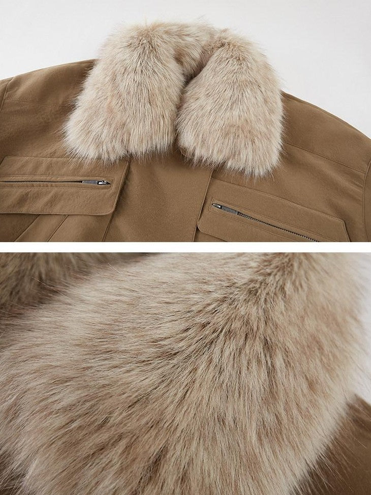 DIDDI MODA Khaki Fur Collar Pocket Cargo Women&