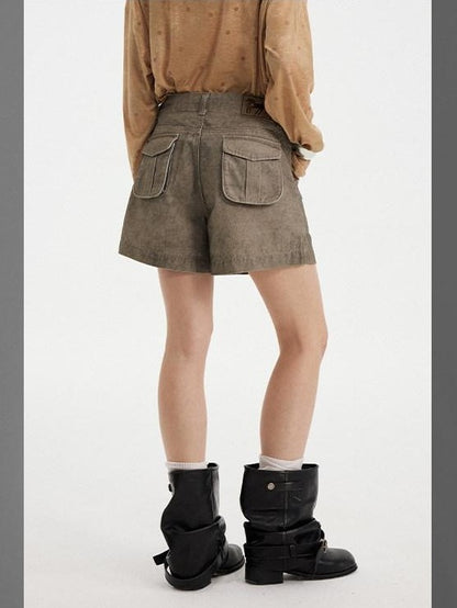 DIDDI MODA Khaki Green Distressed Wash Utility 3D Pockets Low Waist Women&