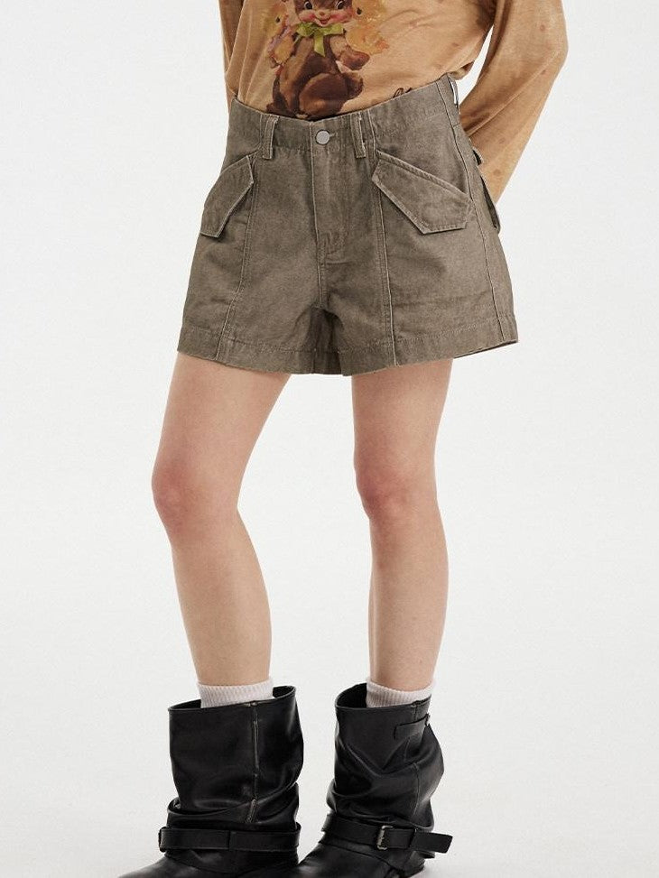 DIDDI MODA Khaki Green Distressed Wash Utility 3D Pockets Low Waist Women&