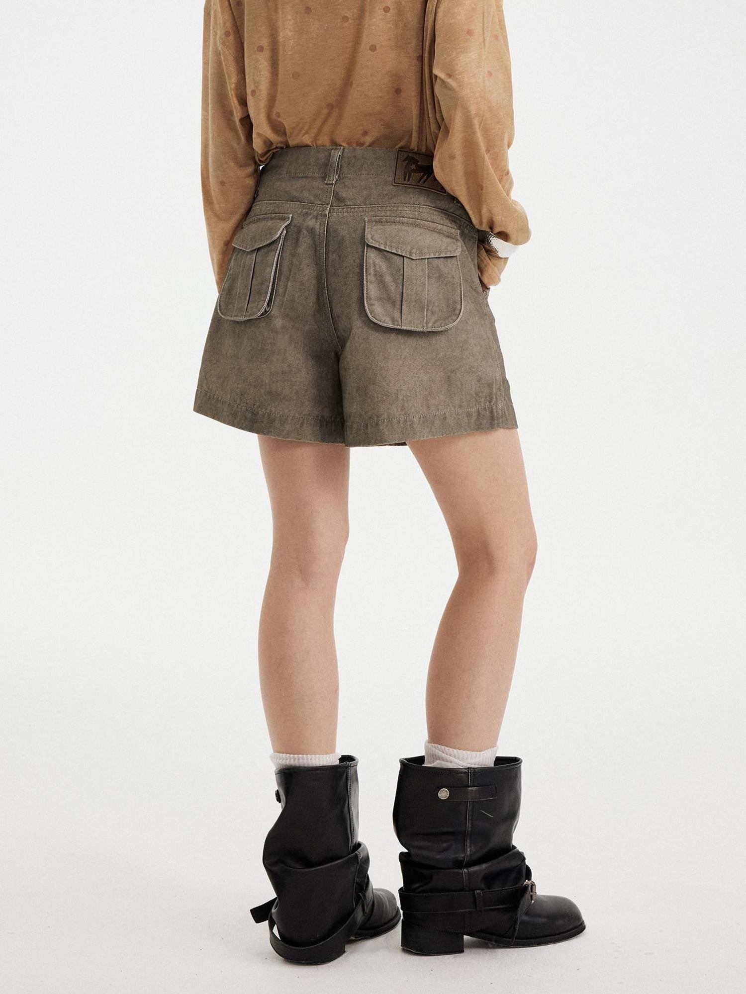 DIDDI MODA Khaki Green Distressed Wash Utility 3D Pockets Low Waist Women&