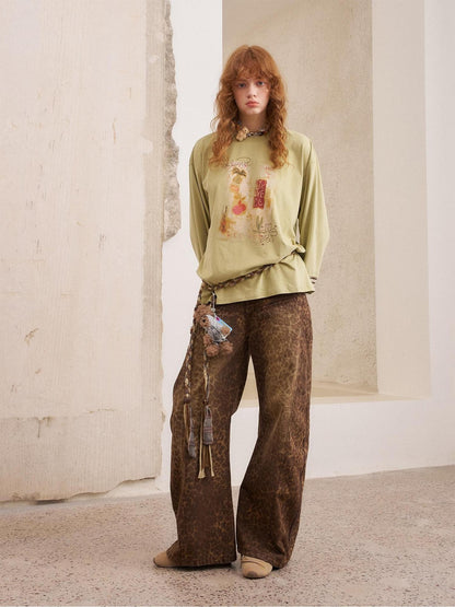 DIDDI MODA Khaki Leopard Split Panel High Waist Loose Fit Women&