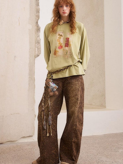 DIDDI MODA Khaki Leopard Split Panel High Waist Loose Fit Women&