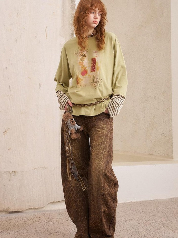 DIDDI MODA Khaki Leopard Split Panel High Waist Loose Fit Women&