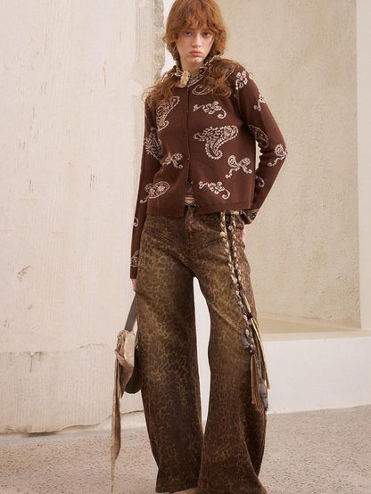 DIDDI MODA Khaki Leopard Split Panel High Waist Loose Fit Women&