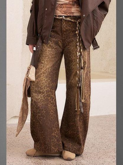 DIDDI MODA Khaki Leopard Split Panel High Waist Loose Fit Women&
