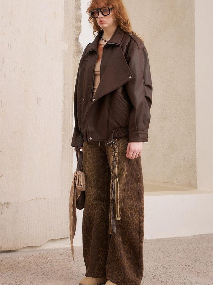 DIDDI MODA Khaki Leopard Split Panel High Waist Loose Fit Women&