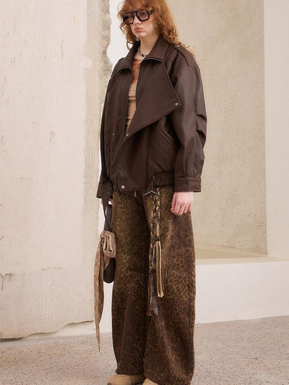 DIDDI MODA Khaki Leopard Split Panel High Waist Loose Fit Women&