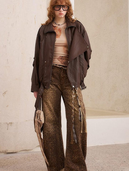 DIDDI MODA Khaki Leopard Split Panel High Waist Loose Fit Women&