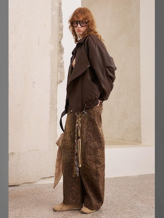 DIDDI MODA Khaki Leopard Split Panel High Waist Loose Fit Women&