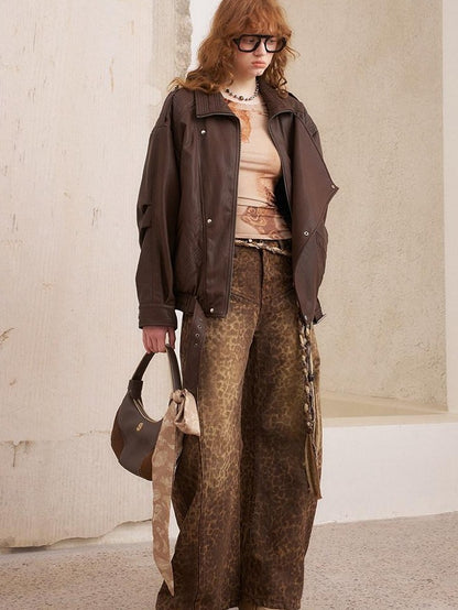 DIDDI MODA Khaki Leopard Split Panel High Waist Loose Fit Women&