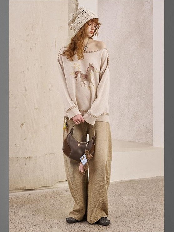 DIDDI MODA Khaki Leopard Split Panel High Waist Loose Fit Women&
