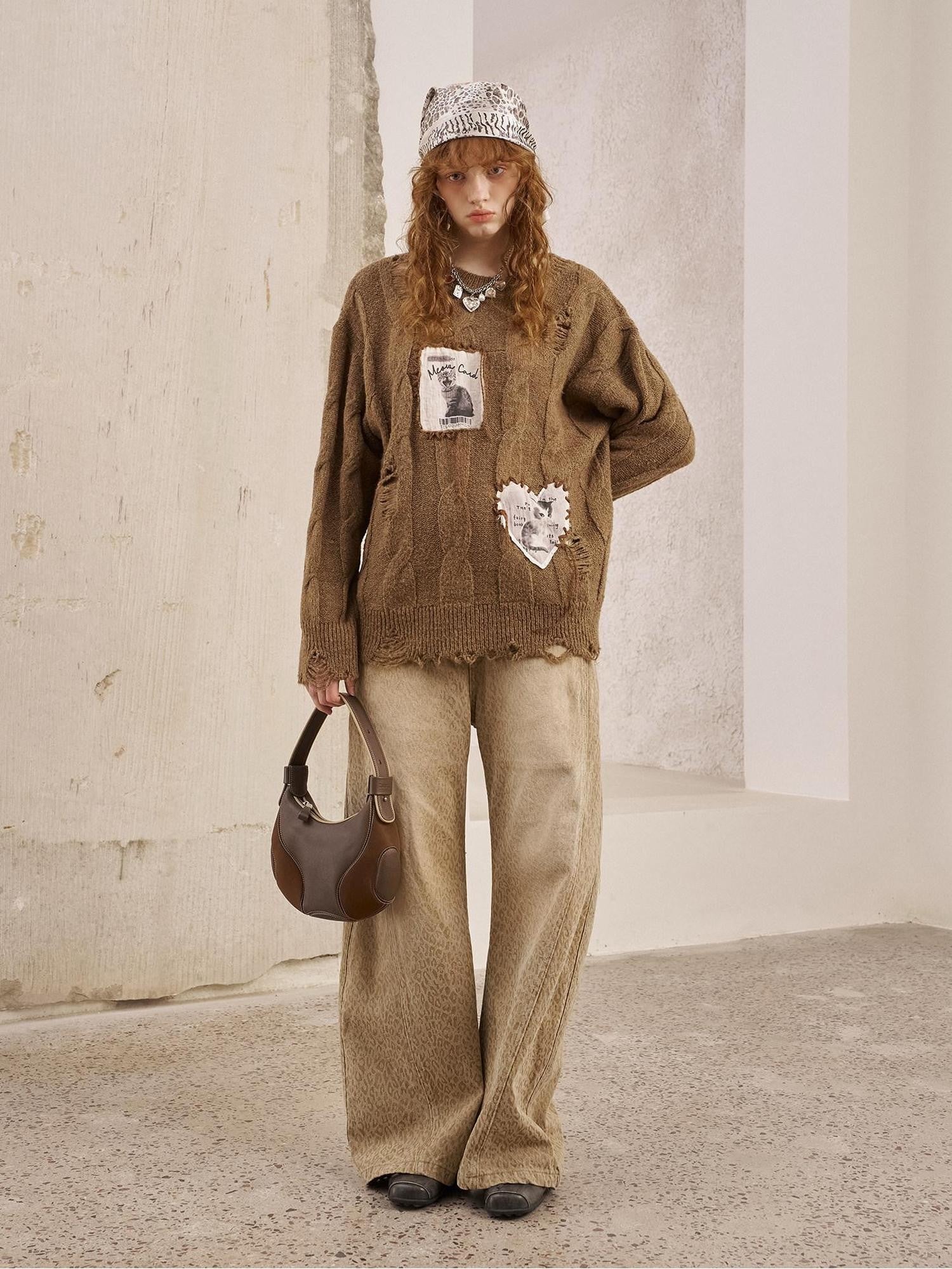 DIDDI MODA Khaki Leopard Split Panel High Waist Loose Fit Women&