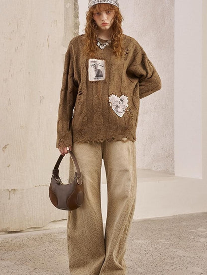 DIDDI MODA Khaki Leopard Split Panel High Waist Loose Fit Women&
