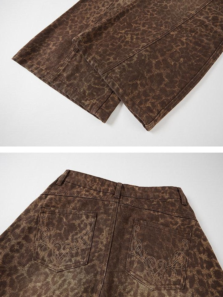 DIDDI MODA Khaki Leopard Split Panel High Waist Loose Fit Women&