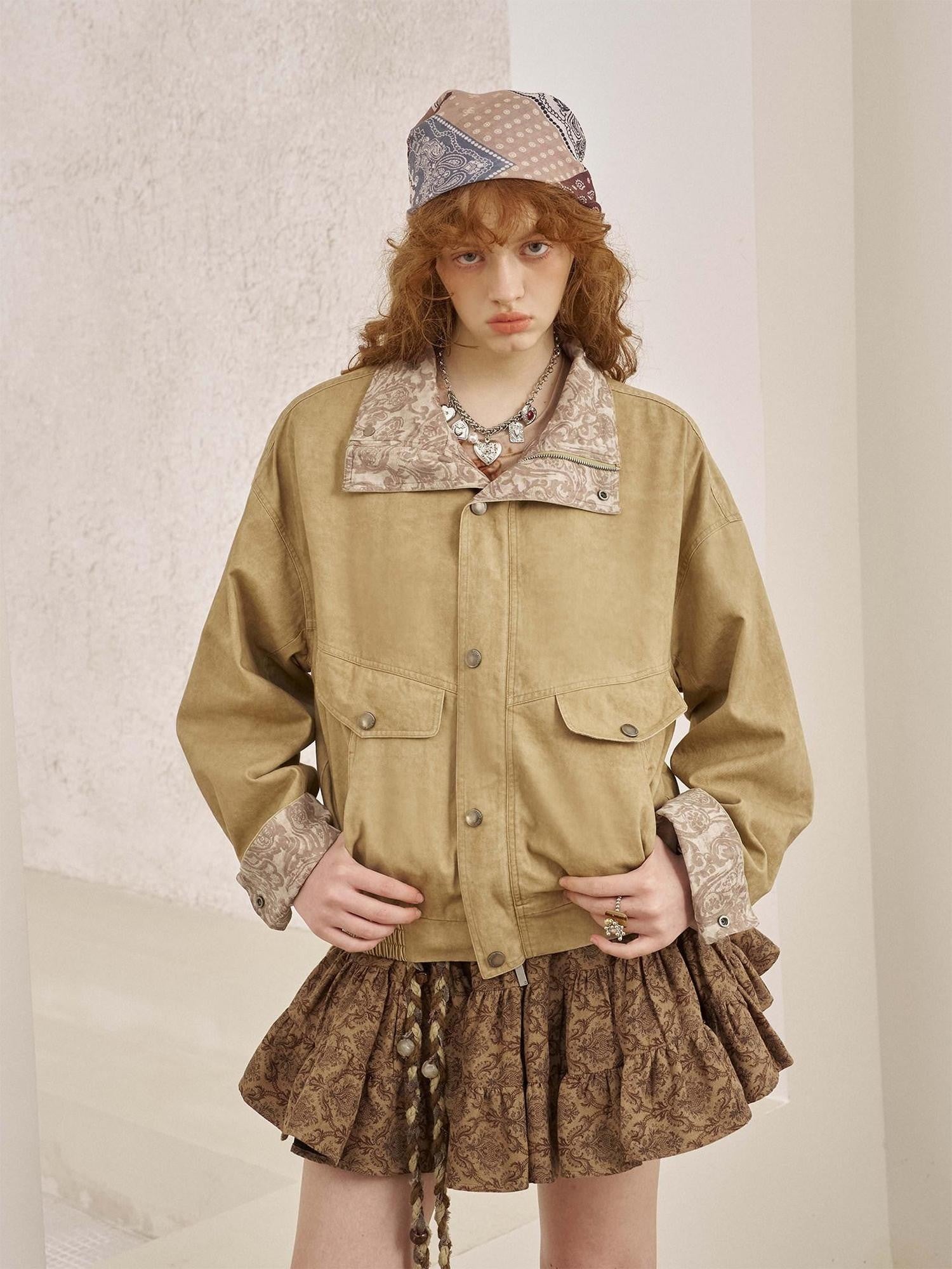 DIDDI MODA Khaki Paisley Patchwork Washed Stand Collar Women&