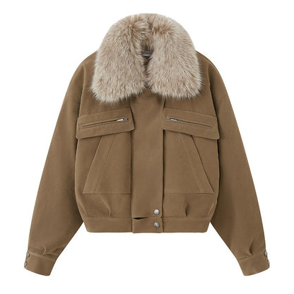 DIDDI_MODA_Khaki_Pu_Jacket_Parka_Round_Neck_Cargo_Pants_Women&