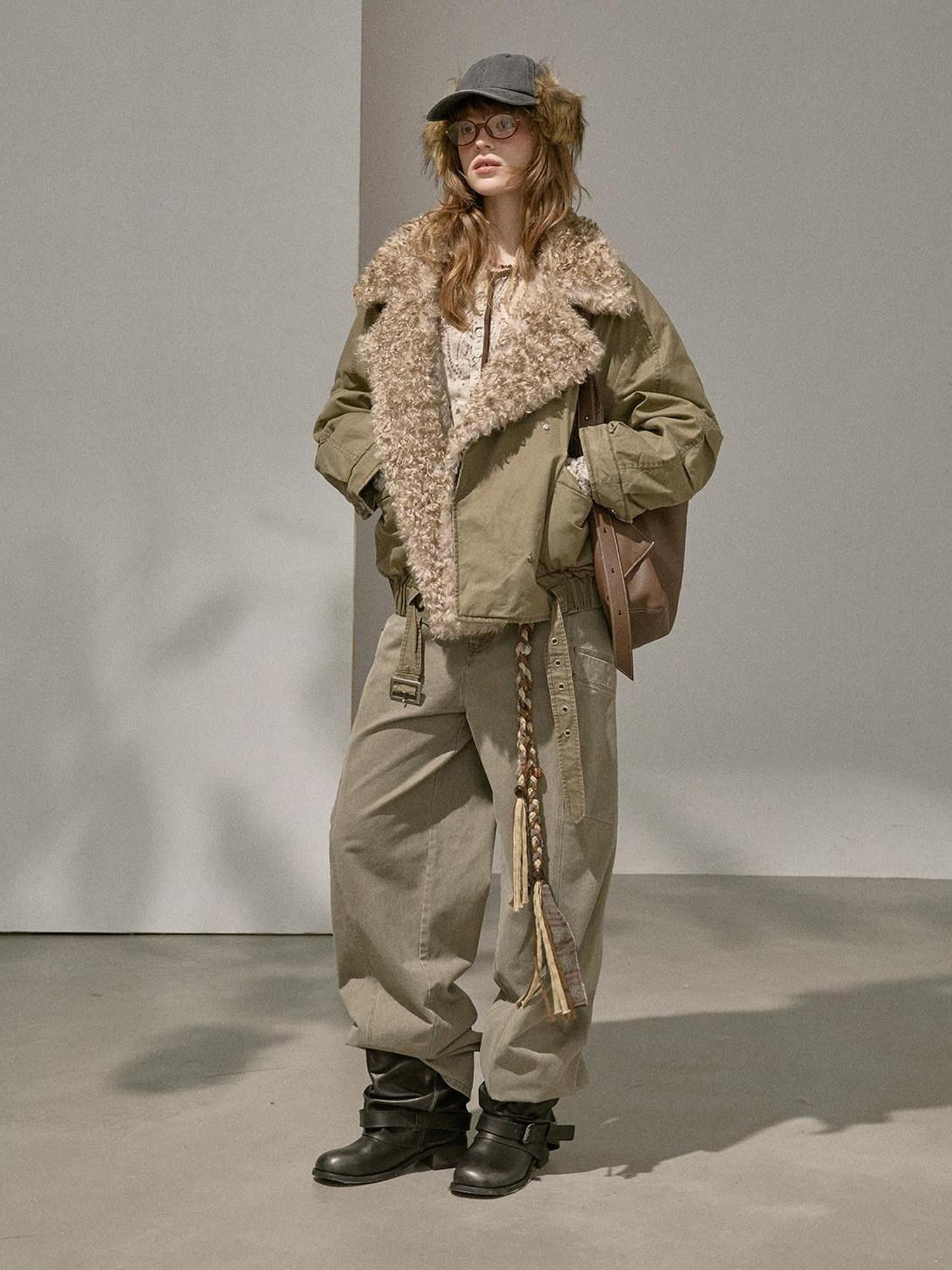 DIDDI MODA Khaki Pu Jacket Parka Round Neck Cargo Pants Women&