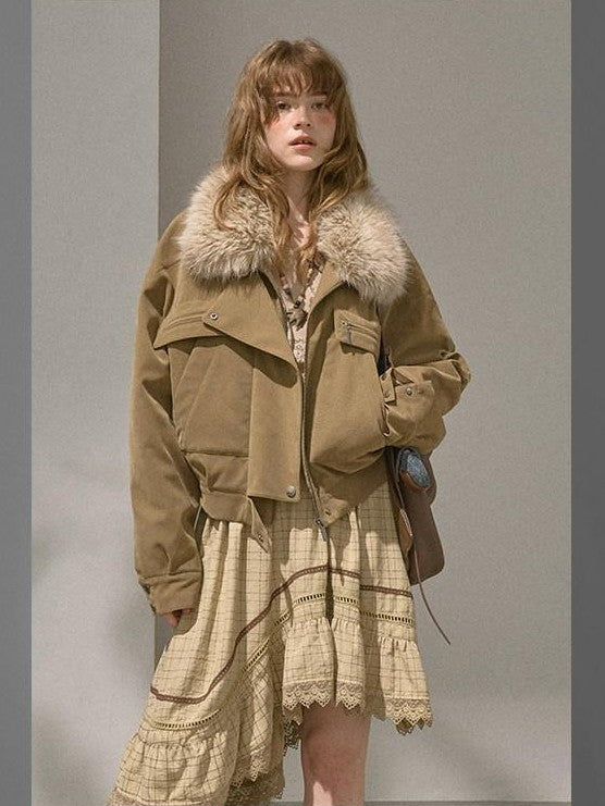 DIDDI MODA Khaki Pu Jacket Parka Round Neck Cargo Pants Women&