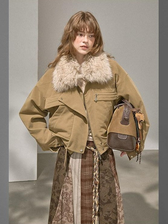 DIDDI MODA Khaki Pu Jacket Parka Round Neck Cargo Pants Women&