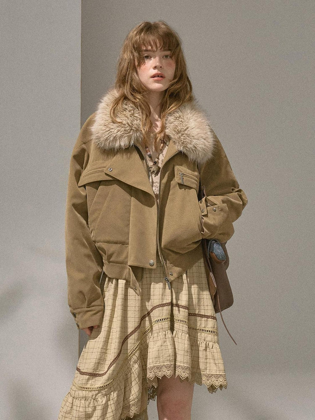 DIDDI MODA Khaki Pu Jacket Parka Round Neck Cargo Pants Women&
