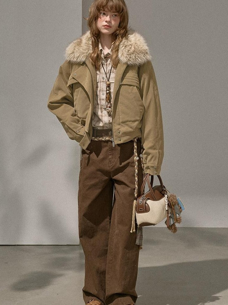DIDDI MODA Khaki Pu Jacket Parka Round Neck Cargo Pants Women&