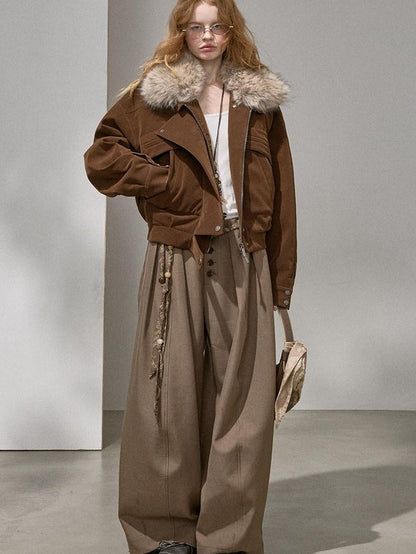 DIDDI MODA Khaki Pu Jacket Parka Round Neck Cargo Pants Women&