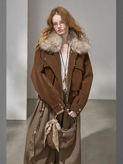 DIDDI MODA Khaki Pu Jacket Parka Round Neck Cargo Pants Women&