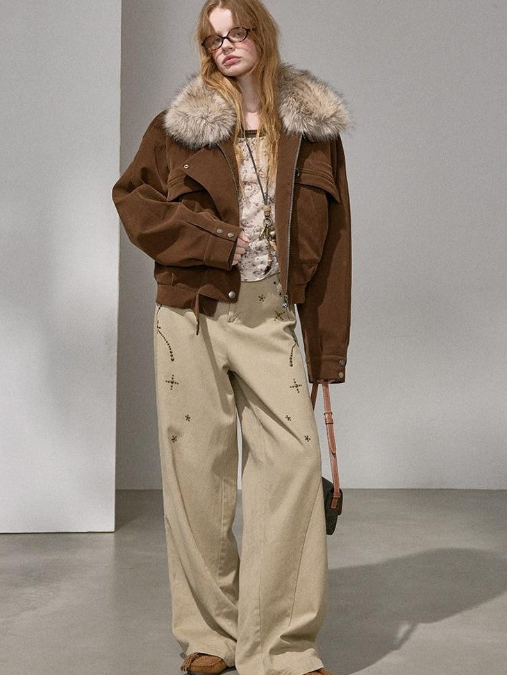DIDDI MODA Khaki Pu Jacket Parka Round Neck Cargo Pants Women&