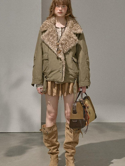 DIDDI MODA Khaki Pu Jacket Parka Round Neck Cargo Pants Women&