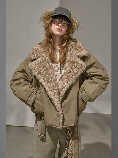 DIDDI MODA Khaki Pu Jacket Parka Round Neck Cargo Pants Women&