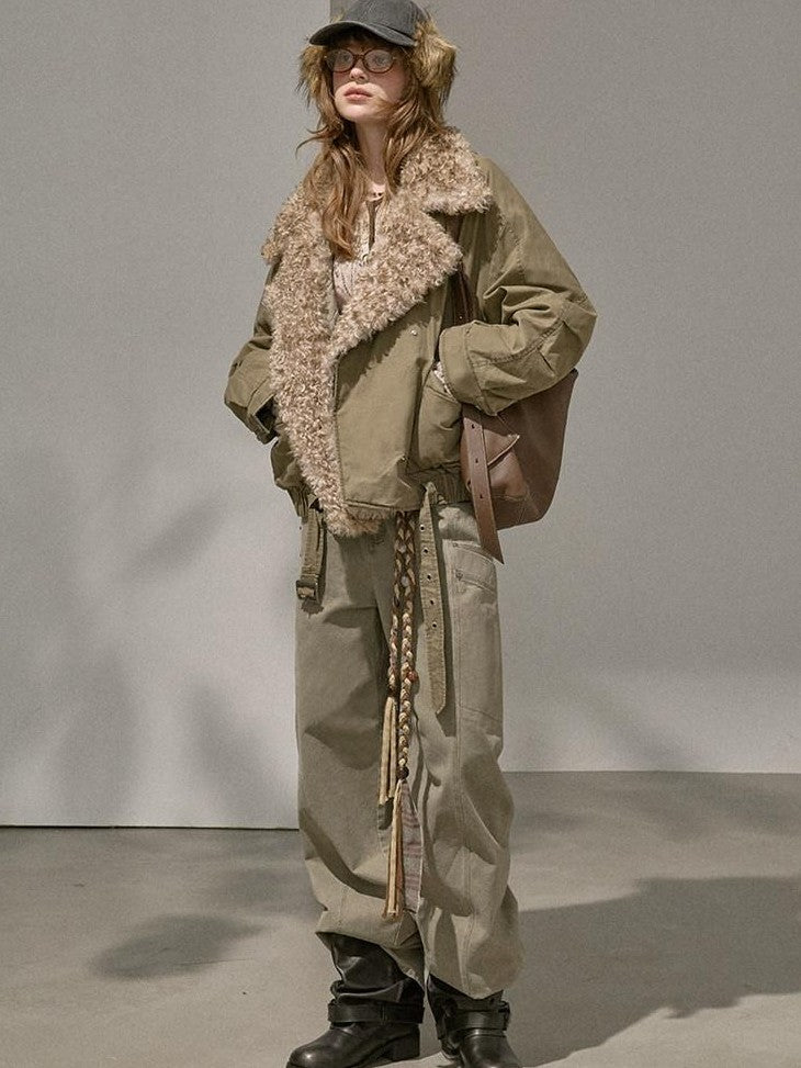 DIDDI MODA Khaki Pu Jacket Parka Round Neck Cargo Pants Women&