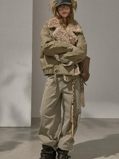 DIDDI MODA Khaki Pu Jacket Parka Round Neck Cargo Pants Women&