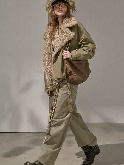 DIDDI MODA Khaki Pu Jacket Parka Round Neck Cargo Pants Women&