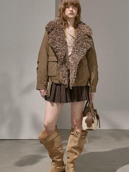 DIDDI MODA Khaki Pu Jacket Parka Round Neck Cargo Pants Women&