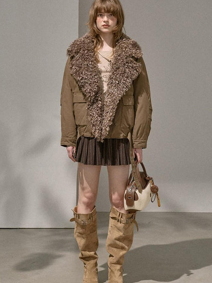 DIDDI MODA Khaki Pu Jacket Parka Round Neck Cargo Pants Women&