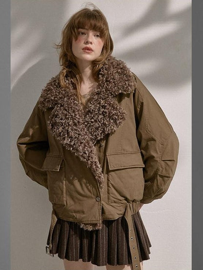 DIDDI MODA Khaki Pu Jacket Parka Round Neck Cargo Pants Women&
