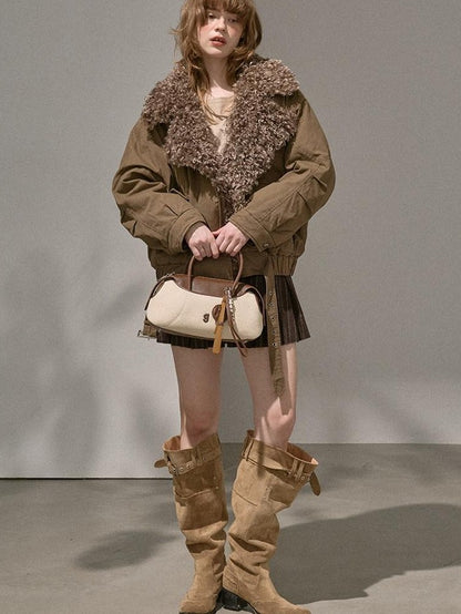 DIDDI MODA Khaki Pu Jacket Parka Round Neck Cargo Pants Women&