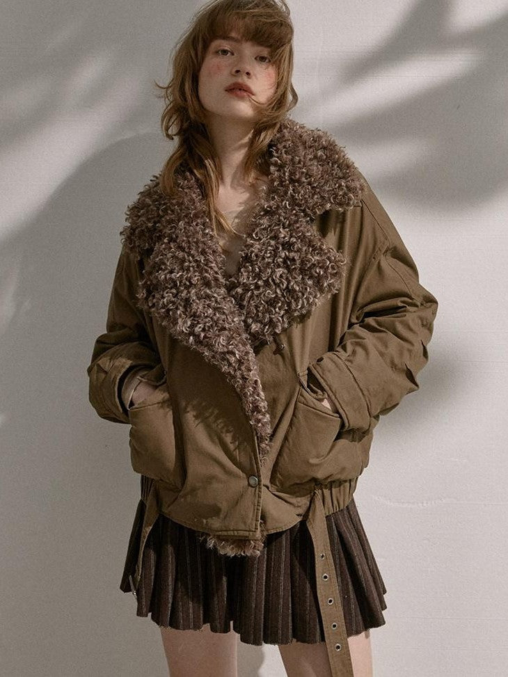 DIDDI MODA Khaki Pu Jacket Parka Round Neck Cargo Pants Women&