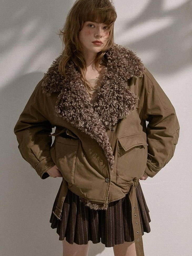 DIDDI MODA Khaki Pu Jacket Parka Round Neck Cargo Pants Women&