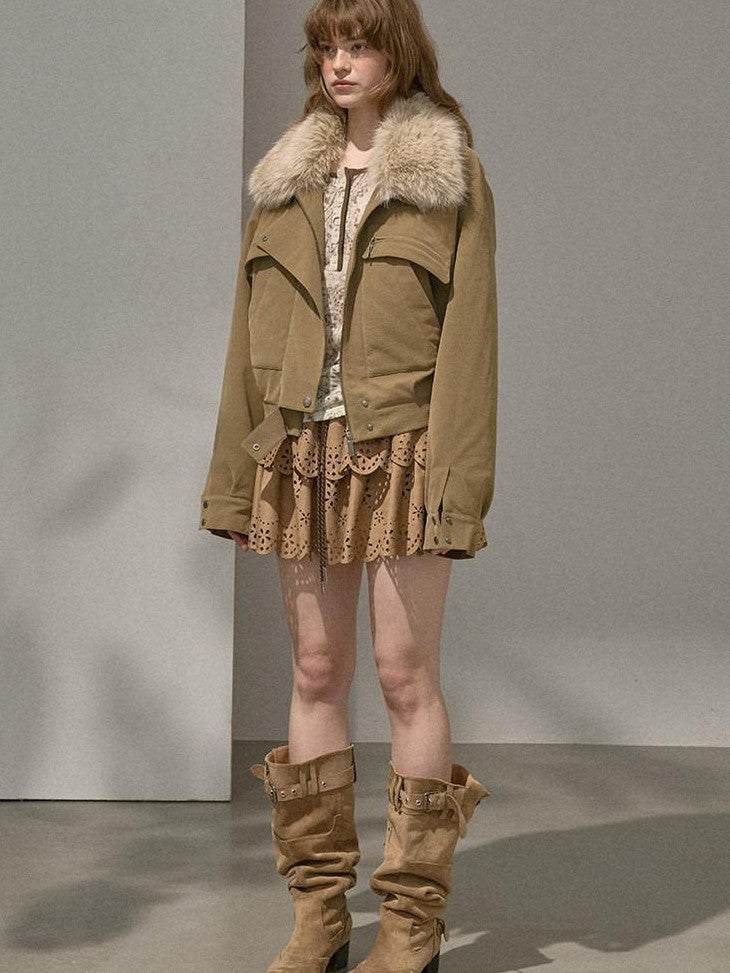 DIDDI MODA Khaki Pu Jacket Parka Round Neck Cargo Pants Women&