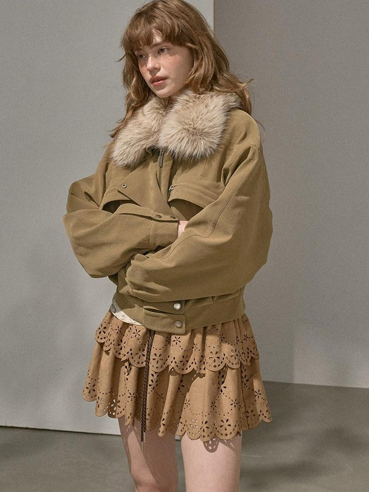 DIDDI MODA Khaki Pu Jacket Parka Round Neck Cargo Pants Women&