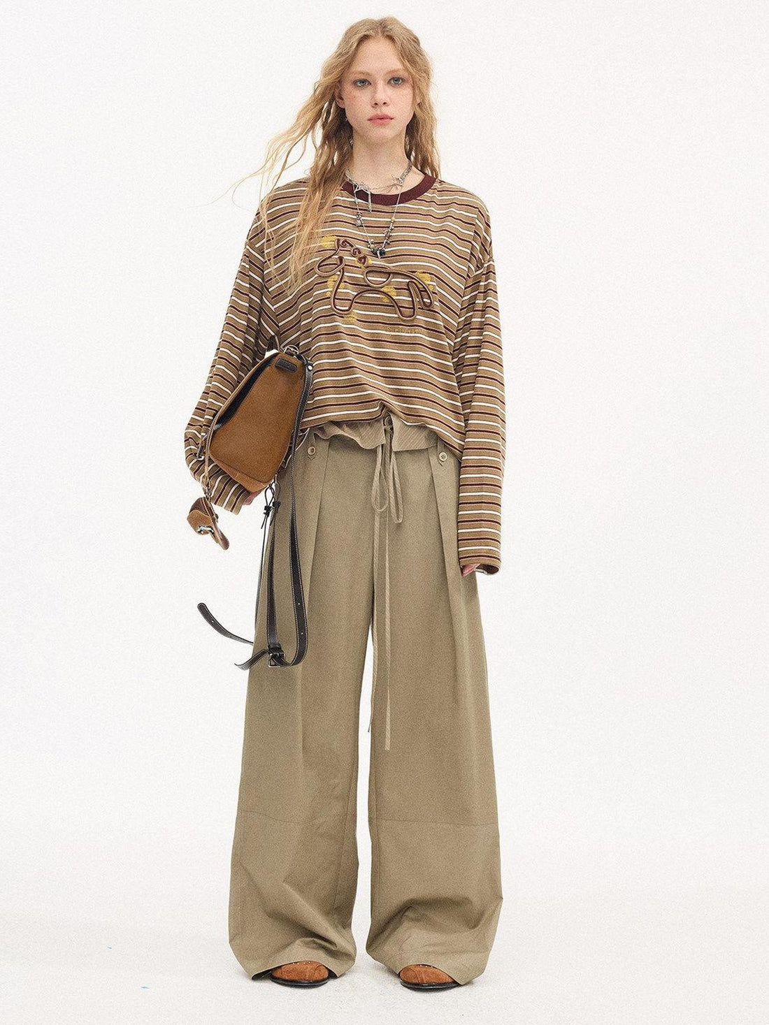 DIDDI MODA Khaki Striped Casual Natural Waist Women&