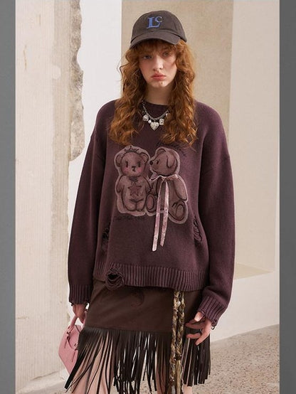 DIDDI MODA Kissing Bear Print 3d Bow Distressed Loose Women&