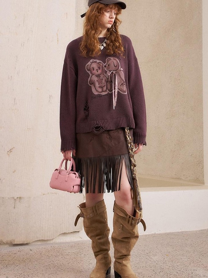 DIDDI MODA Kissing Bear Print 3d Bow Distressed Loose Women&