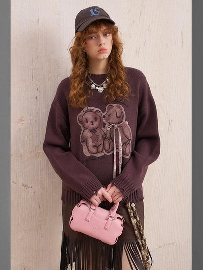 DIDDI MODA Kissing Bear Print 3d Bow Distressed Loose Women&