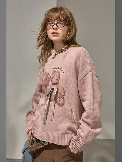 DIDDI MODA Kissing Bear Print 3d Bow Distressed Loose Women&