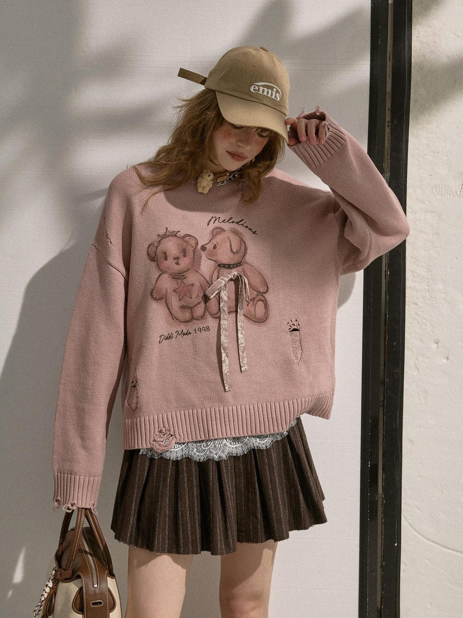 DIDDI MODA Kissing Bear Print 3d Bow Distressed Loose Women&