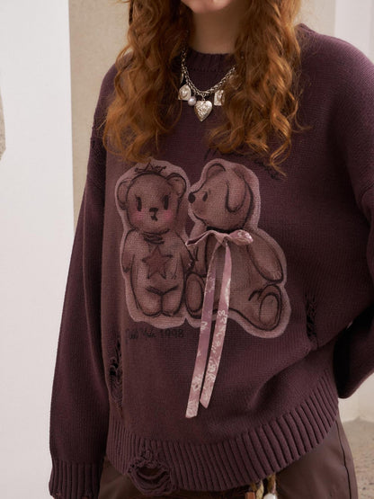 DIDDI MODA Kissing Bear Print 3d Bow Distressed Loose Women&