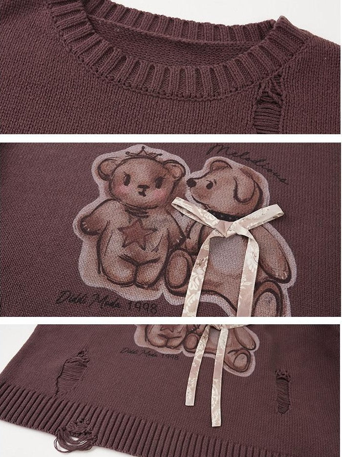 DIDDI MODA Kissing Bear Print 3d Bow Distressed Loose Women&